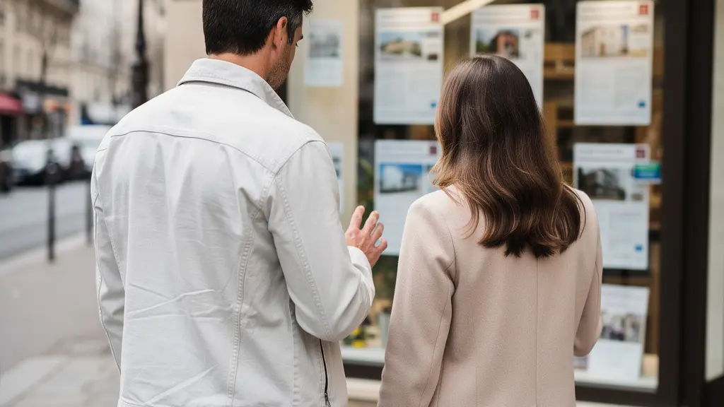Couple consultant les annonces immobilières dans une agence parisienne pour évaluer les prix du marché