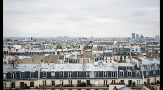 Vue panoramique des toits parisiens et immeubles haussmanniens illustrant le marché immobilier parisien