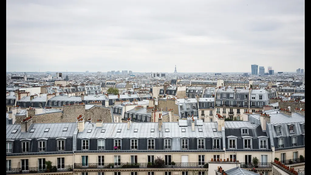 Vue panoramique des toits parisiens et immeubles haussmanniens illustrant le marché immobilier parisien